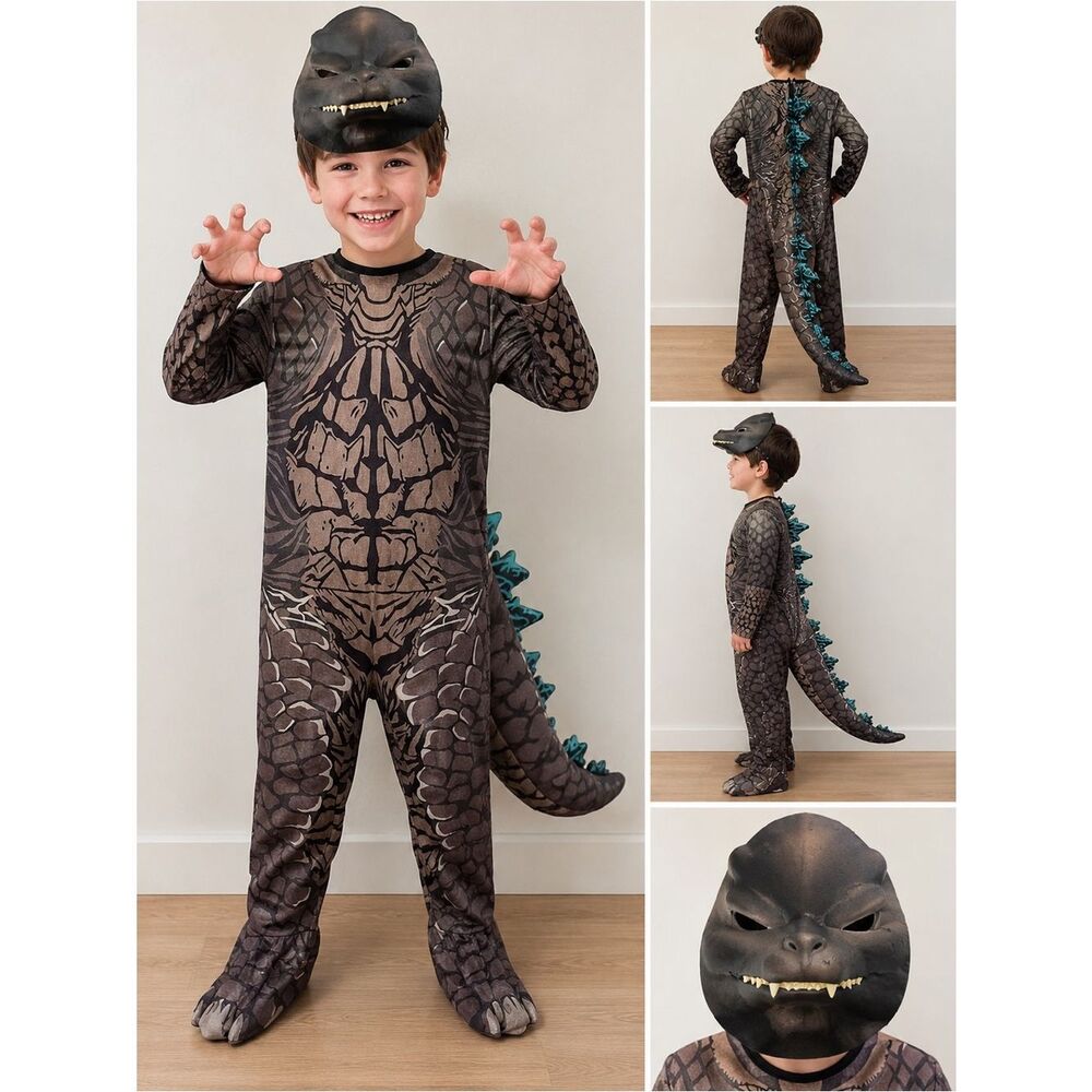 Godzilla Kids Costume Bodysuit w/ Tail & Mask Size Medium Halloween Cosplay